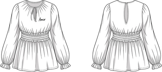CAD drawing flat vector illustration of women’s peasant blouse with smocked waist, puff sleeves, Amor embroidery, technical sketch design