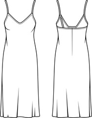 CAD drawing flat vector illustration of women’s slip dress with strappy back, V-neckline, fitted silhouette, elegant minimalist design