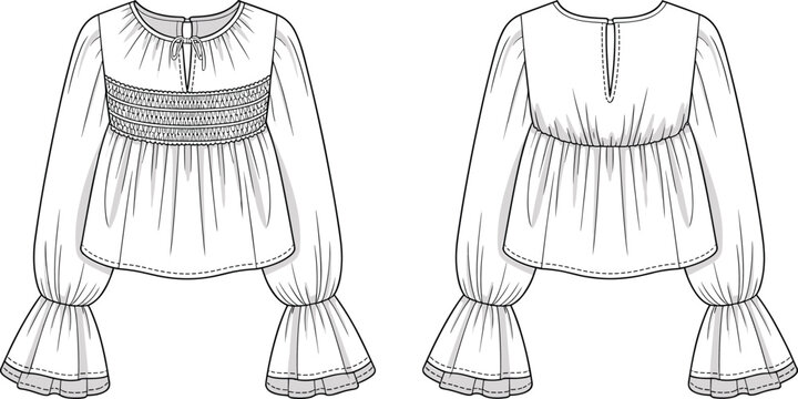 CAD drawing flat vector illustration of women’s smocked blouse with flared sleeves, front and back technical sketch for fashion design