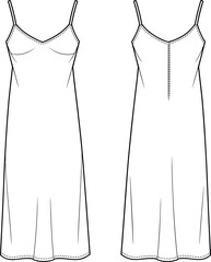 CAD drawing flat vector illustration of women’s slip dress with spaghetti straps, fitted bust, princess seams, back view design