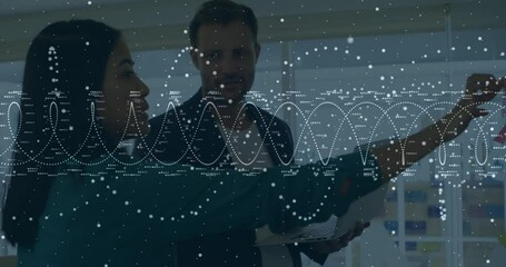 Woman signaling data waveform, pulling tablet, partner adjusting charts for analysis in tech office - Powered by Adobe