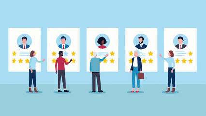 Diverse group of people reviewing candidate profiles with star ratings
