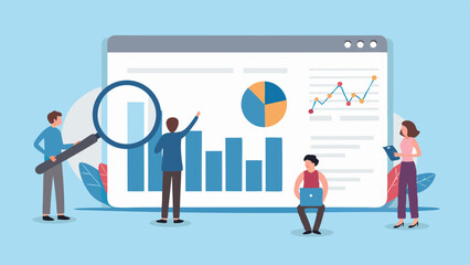 Diverse team analyzing business data charts and graphs on a large screen
