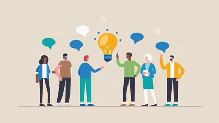 Diverse group of people collaborating and sharing ideas around a glowing lightbulb