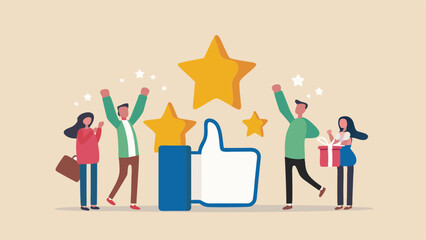 Happy people celebrating with stars and a large thumbs up icon