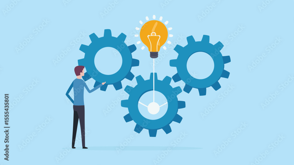 Poster man interacting with gears and a glowing lightbulb symbolizing innovation and teamwork
