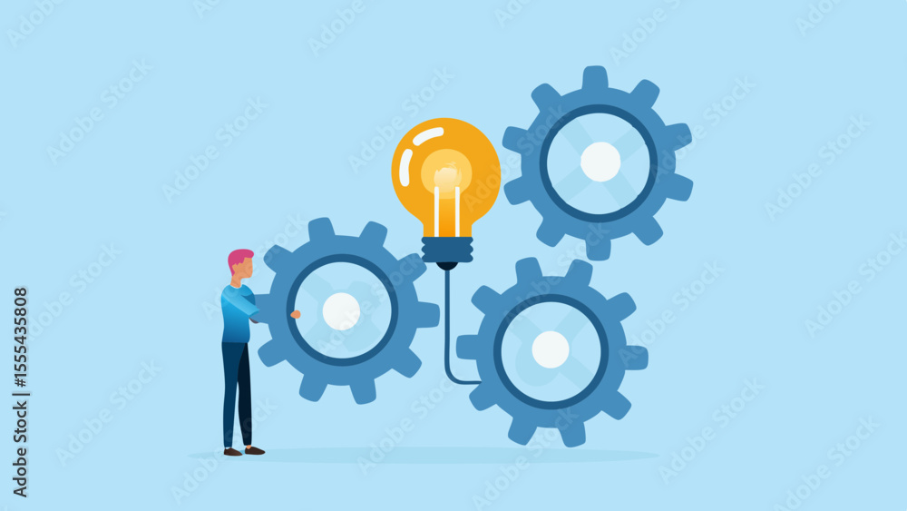 Aufkleber man interacting with gears and a glowing light bulb representing innovation and teamwork
