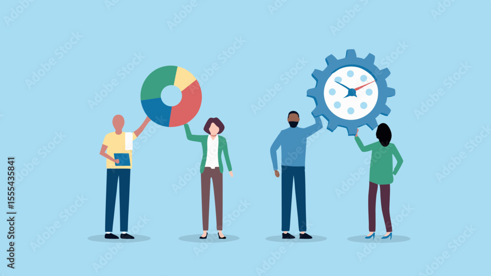 Poster diverse team collaborates on data analysis and time management with pie chart and clock gear