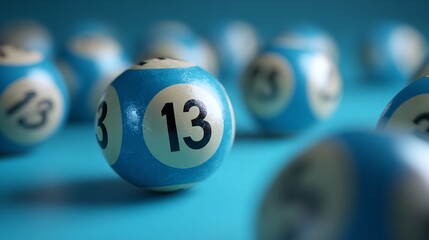 Close Up of Lottery Balls on Blue Background with Focus.

