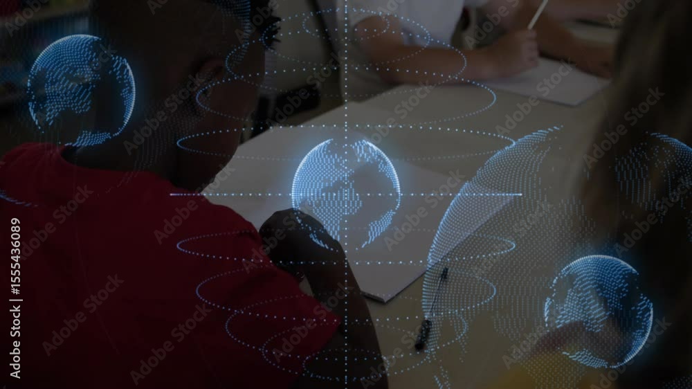 Poster red-shirted boy raising pen in class initiating holographic globe orbiting over drawing assignment