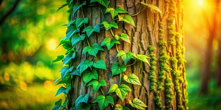 Sunlight streams through a forest canopy, highlighting green ivy clinging to a weathered tree trunk in a vibrant nature scene. - Powered by Adobe