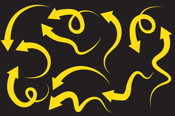 Set of curved arrows isolated on white background. Curved arrows, hand drawn curved arrows. Collection of pointers. Vector illustration. long curve arrow icon vector set illustration. black arrow.