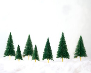 Obraz premium Miniature Christmas trees in a snowy landscape