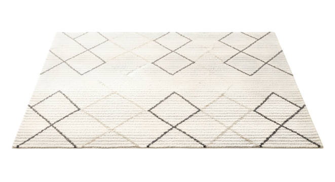 Carpet displays geometric pattern in neutral tones against black background