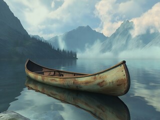 misty morning lake, wooden canoe, peaceful and tranquil scene