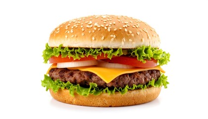 Delicious gourmet burger with cheese with tomatoes, lettuce, and onion and sesame bun on white background.