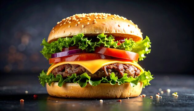 Delicious gourmet burger with cheese with lettuce, tomato, and red onion against dark backdrop.