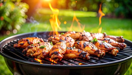 Delicious grilled chicken wings on a charcoal BBQ with outdoor summer party.