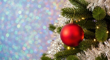 Decorated Christmas tree branch with a hanging red bauble ornament and silver tinsel against a bokeh background