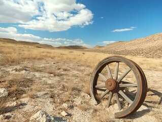 Fototapeta premium desert scene with old wagon wheel, cracked earth, sunlight