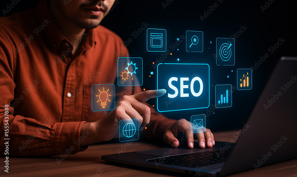 Poster man interacting with seo hologram interface on laptop – digital marketing and search engine optimiza