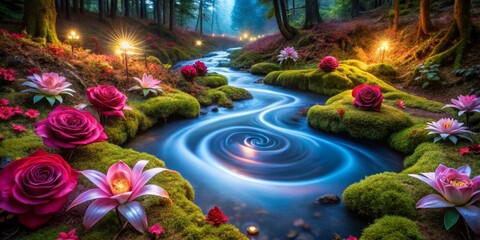 Fototapeta premium Enchanted Stream with Flowers in a Mystical Forest