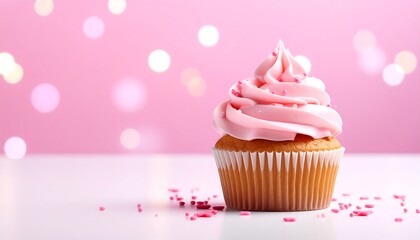 Delicious Pink Frosted Cupcake on White Surface with Bokeh Background.