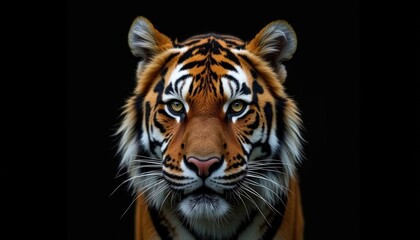 Close-up portrait of a tiger against a black background.