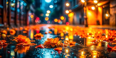 Obraz premium Orange Flowers on Wet City Street at Night