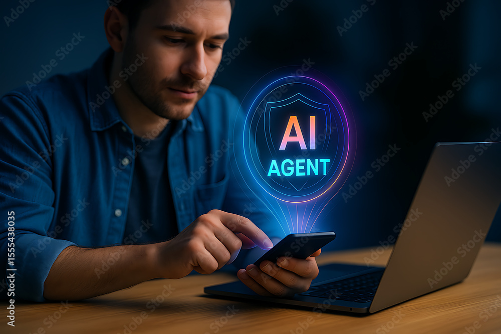 Aufkleber man interacting with mobile ai agent hologram while using smartphone and laptop – futuristic artific