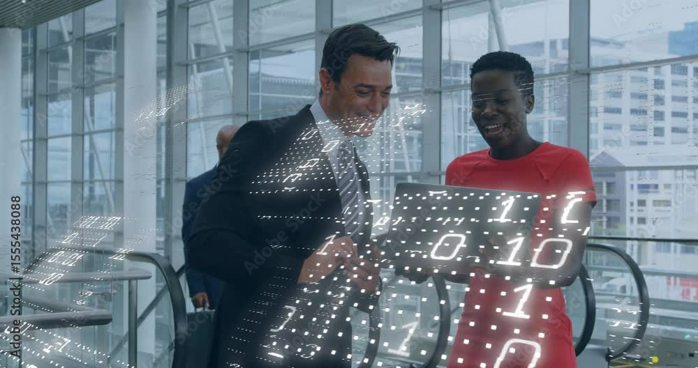 Poster business colleagues tapping phone and pointing at laptop, tilting screen viewing rising binary grid