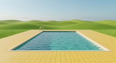 Outdoor swimming pool in summer. Dreamy feeling with pastel yellow tones.