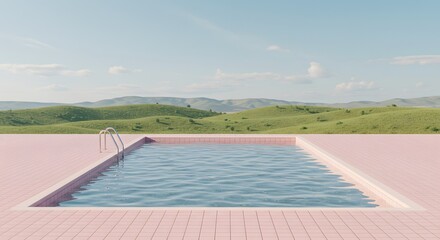 Outdoor swimming pool in summer. Dreamy feeling with pastel pink tones.