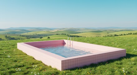 Outdoor swimming pool in summer. Dreamy feeling with pastel pink tones.