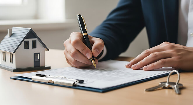 Images depicting the key stages of the real estate process. From architects planning a new house, to signing the final mortgage contract, to a realtor handing over the keys to happy new homeowners. Id