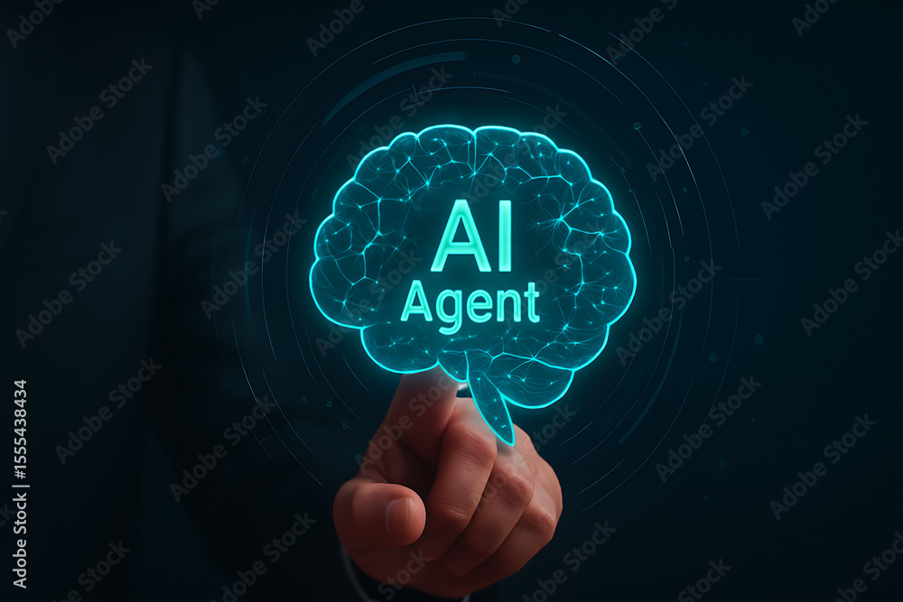 Poster futuristic ai agent brain hologram being activated by hand touch – artificial intelligence interface