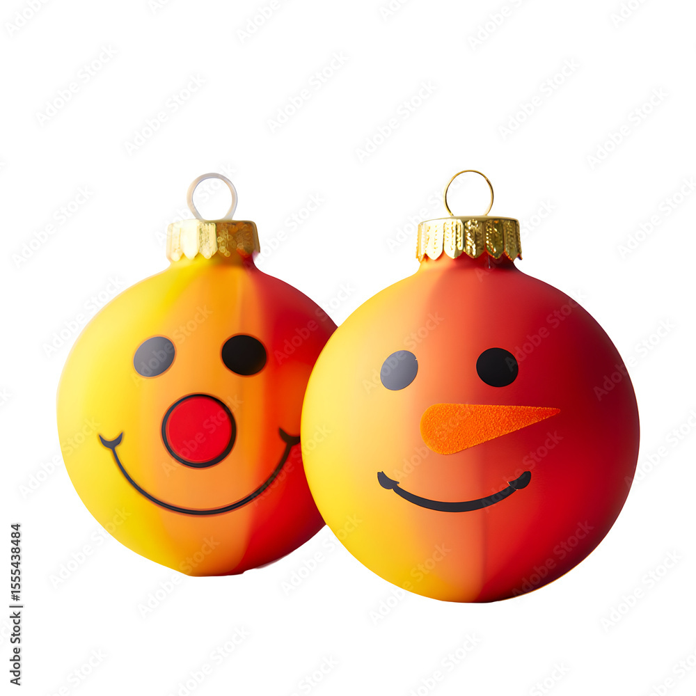 Poster two spherical christmas ornaments with smiling faces and gradient colors isolated on a transparent b