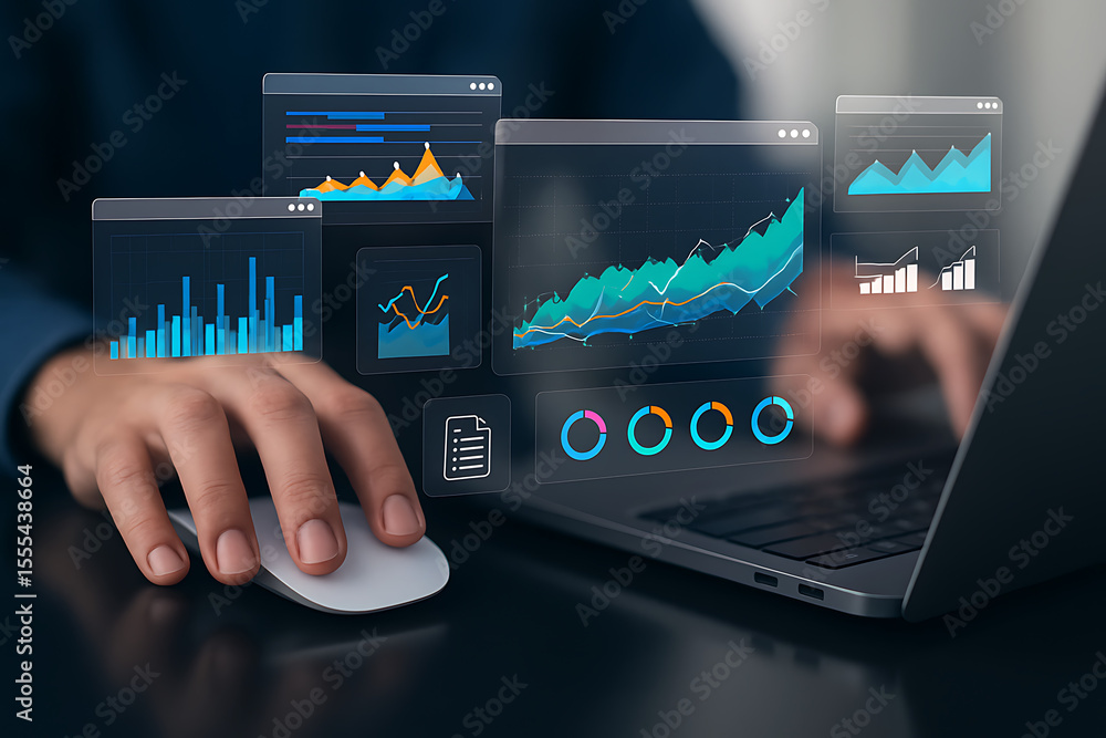 Poster businessman using laptop and mouse with interactive holographic charts and data analytics interface 