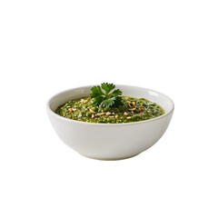 Fresh pesto sauce with herbs and nuts in a white bowl presents a delicious and healthy condiment, perfect for culinary creations, transparent background