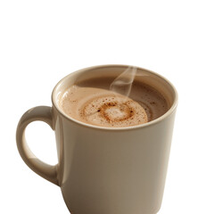 Fototapeta premium Steaming mug of delicious cappuccino sits elegantly against a stark black backdrop, showcasing rich textures and warm inviting tones, transparent background