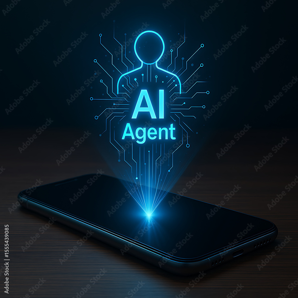 Poster futuristic ai agent hologram projected from smartphone – artificial intelligence technology concept 