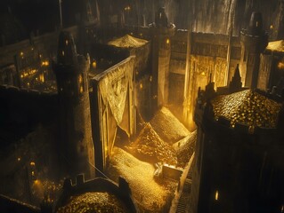 golden city, night, warm glow, intricate architecture, abundant treasure