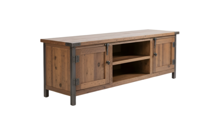Rustic Wooden TV Stand with Metal Accents Sits Against Transparent Background, Isolated