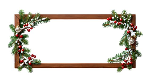 Wooden frame decorated with snow covered pine branches red berries and baubles isolated on a transparent background