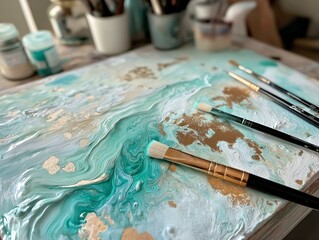 green and gold abstract painting, fluid acrylics, artist at work, close-up