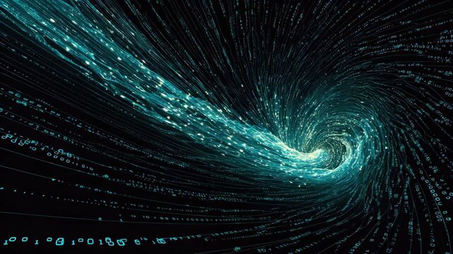 Abstract digital vortex with glowing blue binary code and swirling data stream, dynamic motion and energetic technology background, futuristic concept of information flow and digital particles cyber