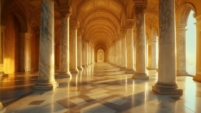 The corridor was filled with towering pillars, creating a grand and ancient architectural atmosphere.
