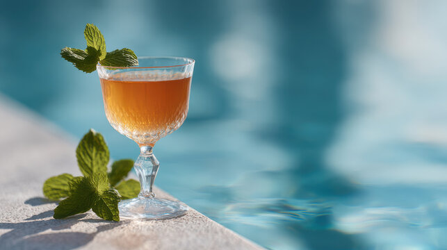 refreshing cocktail named revitalizing mix placed at edge of pool with light background and bright mint accent