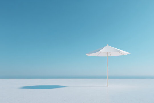 photorealistic ultraminimalist image of clear sky with focus on single umbrella on table