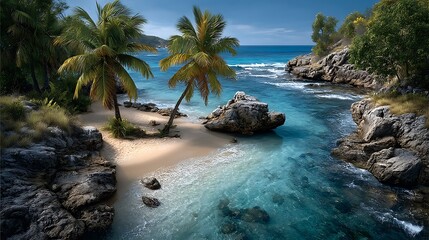Obraz premium A crystal-clear turquoise ocean gently lapping against a white sandy beach lined with lush palm trees. 